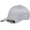 A grey cap with a curved brim and a fitted design, featuring a logo on the side.