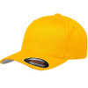 A bright yellow cap with a curved brim and a logo on the side.