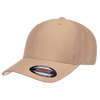A tan baseball cap with a fitted design and a logo on the front.