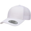 A white retro trucker cap with a snapback design and a mesh rear panel, featuring a logo on the front.