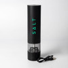 A rechargeable black pepper and salt grinder with a transparent base and USB charging cable. It features a logo.