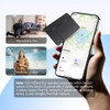 A hand holds a black MiCard Duo Global Tracking Tag with a phone displaying a map and app interface, showing tracking features.