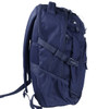 A navy blue backpack with multiple pockets, straps, and a mesh side pocket, featuring a logo.