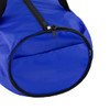 A blue duffle bag with a zip closure and a round base, featuring a sturdy black strap.