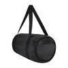 A black duffle bag with a zippered closure and a side pocket, featuring a shoulder strap.