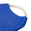 A blue dog toy with a textured surface and a white rope handle. It features a branding logo.