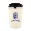A cream double wall coffee cup with a black lid and a logo featuring mountains and a hand design.