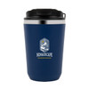 A double wall coffee cup in navy blue with a black lid and a logo on the front.