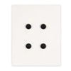 Four round black shoe charms arranged on a white backing. The display features a simple design with a clean aesthetic.