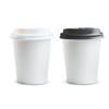 Two paper coffee cups, one with a white lid and one with a black lid, both in a plain white design.
