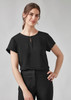 A black short sleeve blouse with a keyhole detail at the neckline, worn by a model.