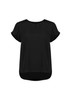 A black short sleeve blouse with a round neckline and rolled sleeves, featuring a slight drop hem and a logo.