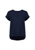 A navy blue women's short sleeve blouse with a round neckline and rolled sleeves, featuring a slightly longer back.