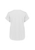 A white women's short sleeve blouse with rolled sleeves and a relaxed fit, featuring a brand logo.