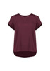 A short sleeve blouse in burgundy with a keyhole detail at the neckline and a rounded hem. It features rolled sleeves and a logo.