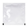 A single white wet wipe in a sealed, transparent pouch with a simple design and no visible branding.