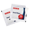 Two packets of hand wipes, featuring a white and blue design, with a logo on one of the packets.