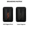 A black card holder with a textured surface, featuring a logo and two branding options: digital print and laser engrave.