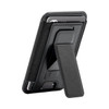A black phone wallet with a stand feature, designed to hold cards and attach to a mobile device.