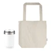 A white drink bottle and a natural-coloured tote bag, both featuring a logo.