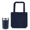 A dark navy tote bag next to a stainless steel drink container with a lid. Both items feature a logo.