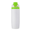 A drink bottle featuring a white body and a bright green cap, with a logo on its surface.