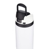 A drink bottle in white with a black lid and handle, featuring a simple design and a logo.
