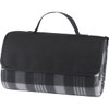 A black picnic blanket with a plaid design, featuring a carrying handle for easy transport.