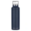 A drink bottle in navy blue with a silver lid and a branded logo on the front.