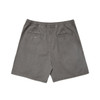 A pair of faded grey shorts with an elastic waistband and two back pockets. The shorts have a casual style.