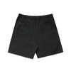 Faded black dress shorts featuring an elastic waistband and two back pockets. Includes a branding logo.