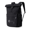 A black rolltop backpack featuring a front pocket and a logo, with adjustable straps and a drink bottle holder.