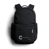 A black backpack with a logo on the front, featuring adjustable shoulder straps and a zippered pocket.