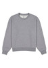 A grey women's crew sweatshirt with a relaxed fit and ribbed cuffs, featuring a logo.
