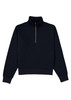 A navy women's jumper featuring a 1/4 zip and a high collar, complete with long sleeves.