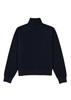 A women's navy 1/4 zip jumper with a high collar and ribbed cuffs, featuring a logo on the back.