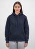 A navy women's hoodie featuring a front pocket and drawstring hood. The model is standing against a plain background.