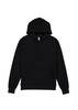 A black hoodie with a front pocket and drawstring hood. The product features a logo on it.
