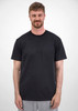 A black short sleeve tee displayed on a male model, featuring a simple design and a logo.