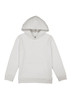A white kids' hoodie featuring a front pocket and a drawstring hood. The hoodie includes a logo.