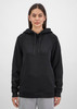 A women’s black hoodie featuring a front pocket and drawstring hood, with a logo on the front.