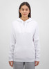 A white women's hoodie featuring a front pocket and drawstring hood, with a subtle logo on the front.