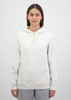 A women's hoodie in a soft white colour with a front pocket and a drawstring hood, featuring a logo.