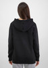 A black women's hoodie with a back view, featuring a hood and a relaxed fit. The garment has a simple design.