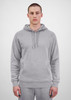 A grey men's hoodie featuring a front pocket and a drawstring hood, with a branding logo.