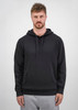 A men's black hoodie featuring a front pocket and drawstring hood, showcased on a model.