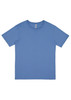 A blue short sleeve tee with a round neckline and a label inside, featuring a logo.