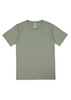 A short sleeve t-shirt in a muted olive green colour, featuring a simple design and a logo at the neckline.
