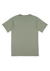 A short sleeve tee in olive green with a simple design and a logo on the back.