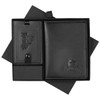 A black leather travel gift set featuring a wallet and luggage tag, presented in an elegant box with branding.